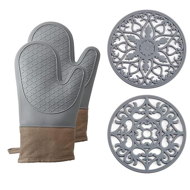 Domonic Home Oven Mitts and Pot Holders Sets, Silicone Oven Mitts Heat Resistant 600F, Soft Lining Good Grip Oven Mitts Sets, Oven Gloves and Silicone Trivet 4-Piece Set,Grey-A