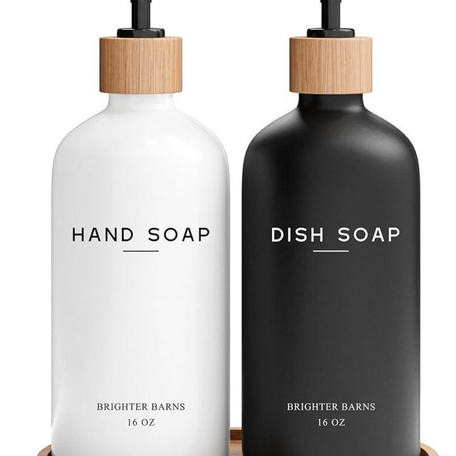 Luxury Glass Hand and Dish Soap Dispenser Set by Brighter Barns - Kitchen Soap Dispenser Set with Tray - Bamboo Soap Dispenser for Kitchen Sink - Boho Kitchen Decor, Modern Decor (Black/White)