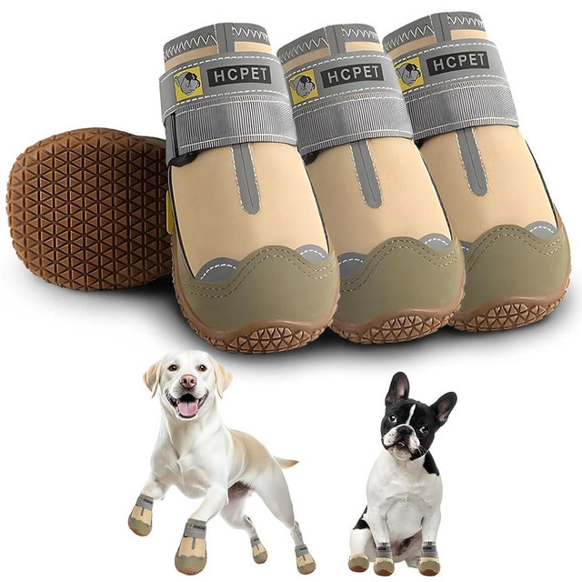 Hcpet Dog Shoes for Large Dogs, Waterproof Dog Booties for Small Medium Dogs, Anti-Slip Dog Boots & Paw Protectors for Hot Pavement Winter Snow Hiking with Reflective Straps Khaki Size 6