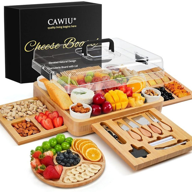 CAWIU Charcuterie Board with Lid – Large Bamboo Cheese Board Set with Utensils & Drawers – Housewarming, Wedding Gifts for Couples, Serving Tray with Cover (Black)