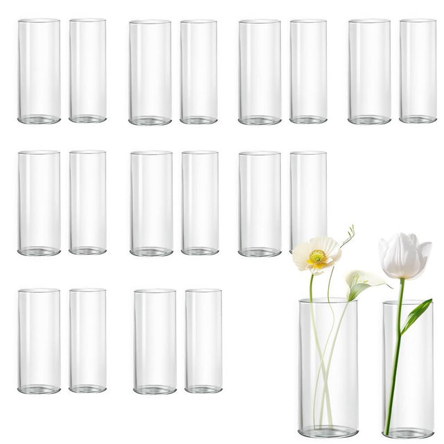 20 Pack Glass Cylinder Vase for Centerpieces, 7.48 and 7.87 inch Candle Flower Vase for Party, Wedding, Banquet Decoration,