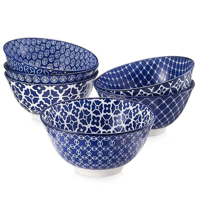 DOWAN 33 OZ Large Bowls Set of 6 - Ceramic Deep Bowl for Ramen, Pasta, Salad - Vintage Blue Porcelain Bowls for Kitchen Decor & Housewarming Gift - Dishwasher & Microwave Safe