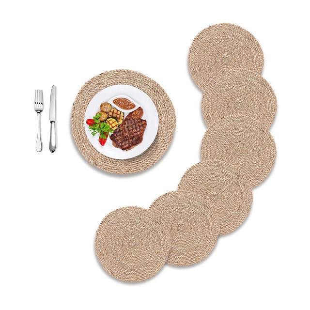 KUTORKILL Woven Placemats Set of 6, Round 12" Boho Rattan Natural Hand-Woven Seagrass Placemats, Farmhouse Weave Place Mats, Rustic Braided Wicker Table Mats for Dining Table, Home, Wedding