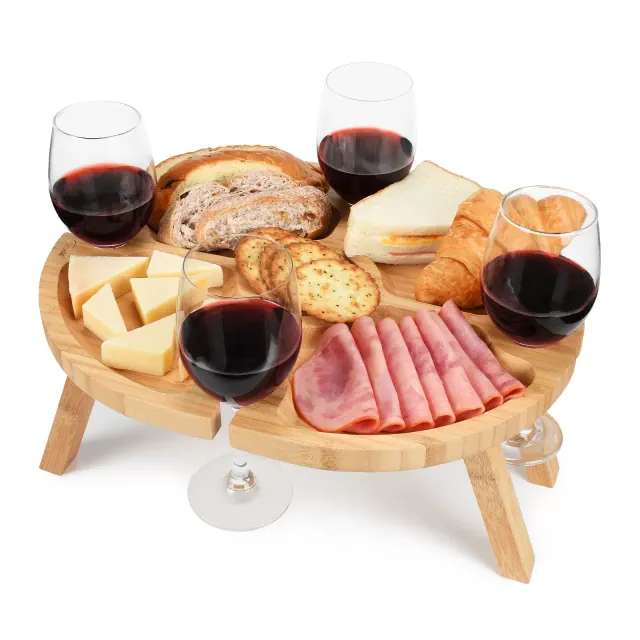 Tirrinia 15.7" x 12.5" Foldable Portable Picnic Table with 4 Wine Glasses Holder, Functional Bamboo Snack Tray Table for Picnic, Camping, Beach