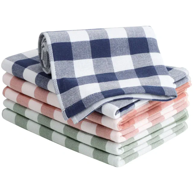 PiccoCasa 100% Cotton Plaid Pattern Absorbent Cleaning Kitchen Towel 6 Pcs Mixed Color 13" x 29"
