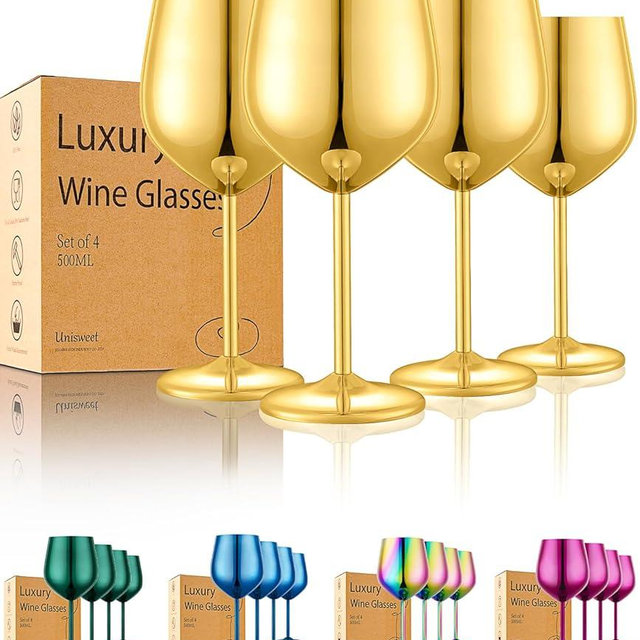 UNISWEET Stainless Steel Wine Glasses Set of 4 Unbreakable Gold Wine Glass 18 oz Unique Metal Wine Goblets for Outdoor, Travel, Camping, Pool, Ideal Gift for Wine Lovers