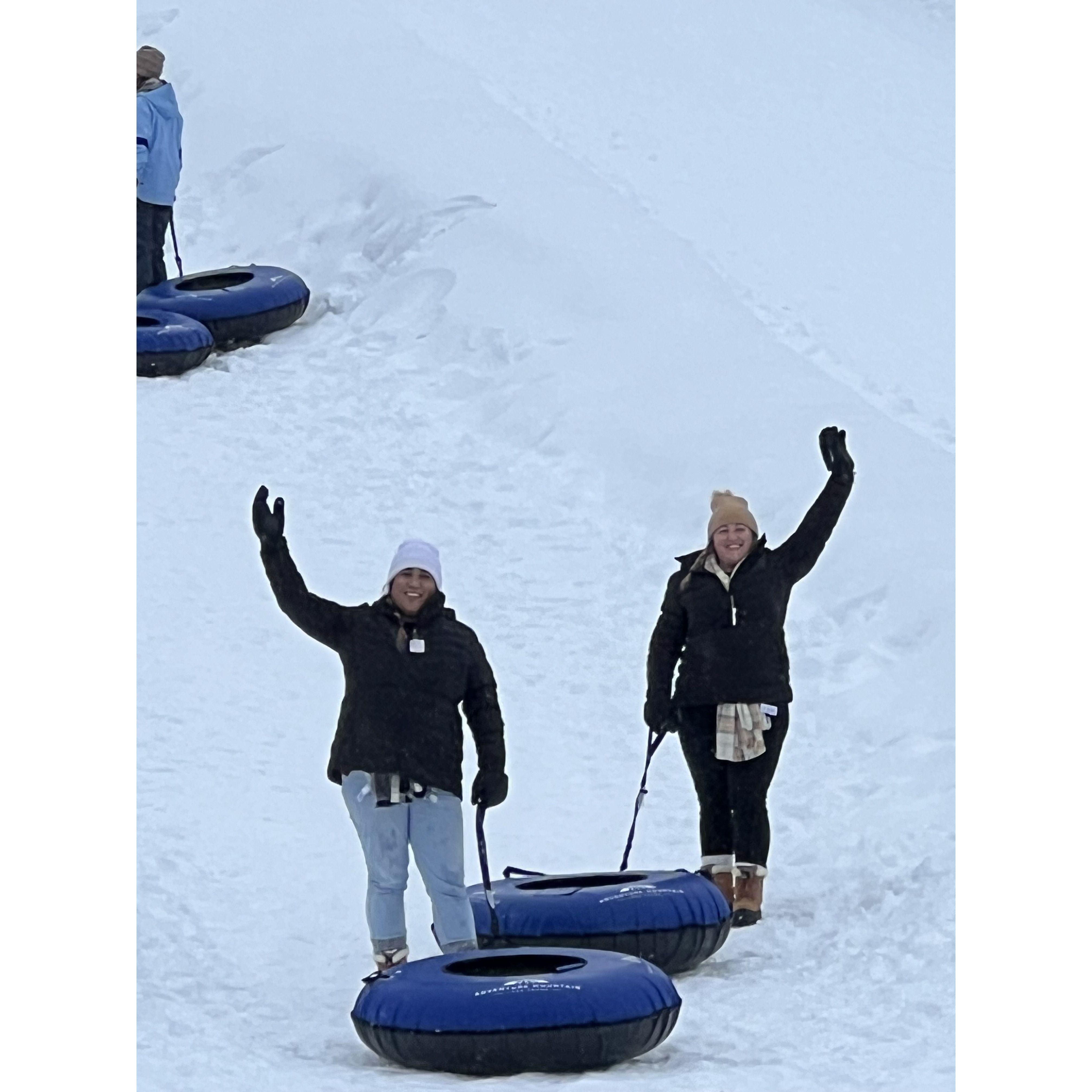 Snow bunnies tubing down the mountain in Lake Tahoe, CA.