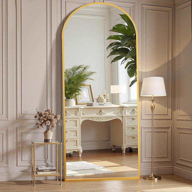 OLIXIS Arched Full Length Gold Mirror 64"x 21.5" for Bedroom, Full Body Mirror with Stand, Hanging or Leaning for Wall, Aluminum Alloy Thin Frame Floor Standing for Living Room, Long