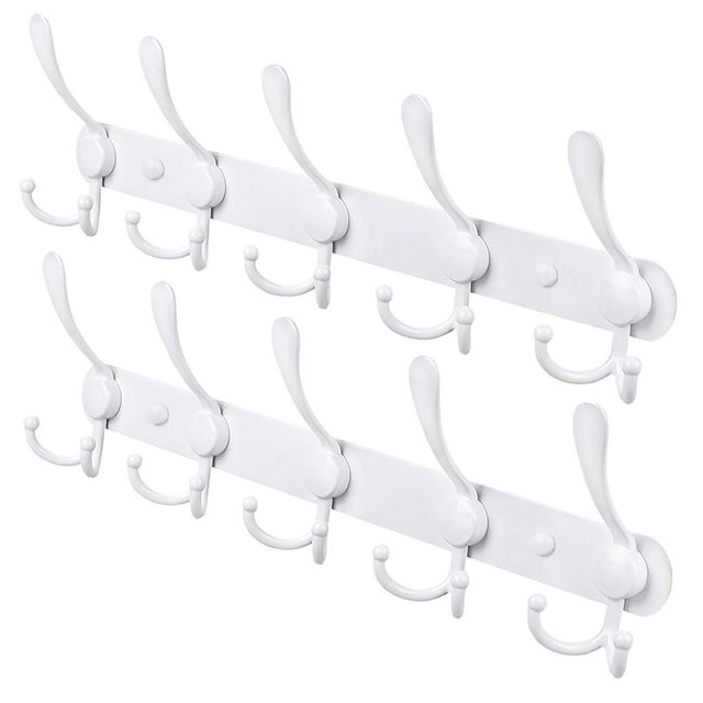 PHINGEER Coat Rack Wall Mount, Heavy Duty with 5 Tri Wall Hooks, Stainless Steel Hooks for Hanging Jackets, Hangers, Hats, Bags, Towels, Purse (White, 2Packs)