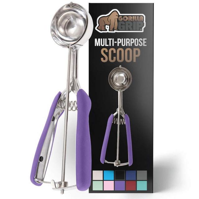 Gorilla Grip Premium Stainless Steel, Spring-Loaded Scoop for Fruit, Cookie and Ice Cream, Easy Squeeze and Clean Release, Comfortable Handle, Medium, 2 TBSP Scooper Size 30, Uniform Portions, Purple