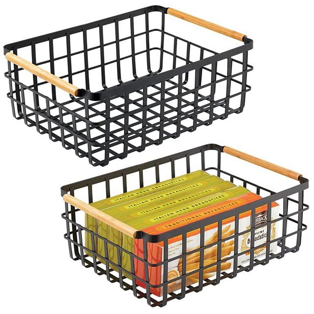 mDesign Metal Wire Storage Organizer Basket with Bamboo Wood Handles for Kitchen Pantry, Rustic Farmhouse Bin to Store Fruit, Coffee, Spices, Supplies, Yami Collection, 2 Pack, Matte Black/Natural/Tan