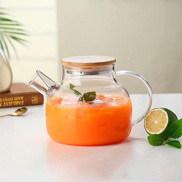 Glass Teapot, Stovetop & Microwave Safe Glass Borosilicate Teapot, Glass Teapot with Strainer, Glass Pot with Wooden Lid, Loose Leaf and Fruit Tea and Fragrant Tea, 34oz/1000ml (Wooden Lid)