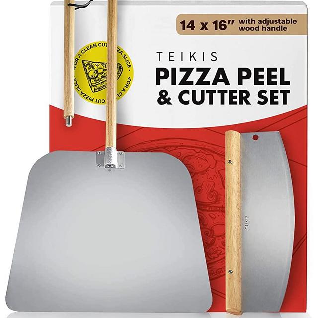 Pizza Cutter Rocker Style & Pizza Peel Set - 14" Large Pizza Metal Slicer Sharp Knife Blade Chopper with 14" x 16" Heavy Duty Pizza Paddle Board Pan with Wood Handle - Premium Oven Baking Accessories