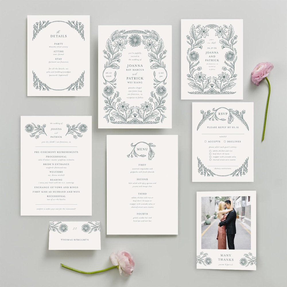 Desrosiers Portrait | Deep Blue Spruce | Zola Wedding Invitations