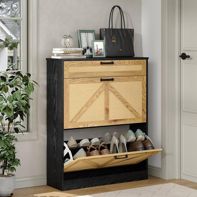 Diwnnue Wooden Shoe Storage Cabinet with 2 Rattan Flip Drawers, Farmhouse Freestanding Organizer for Hallway, Entryway, Foyer, Narrow Shoe Rack Cabinet, Black