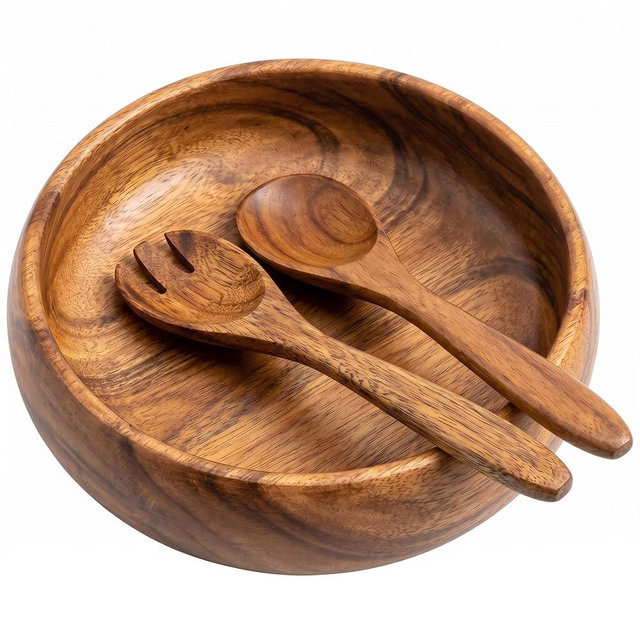Handcrafted Hawaiian Acacia Wood Salad Bowl Set – 10” Round Wooden Bowl with Servers – Durable, Food-Safe, Eco-Friendly