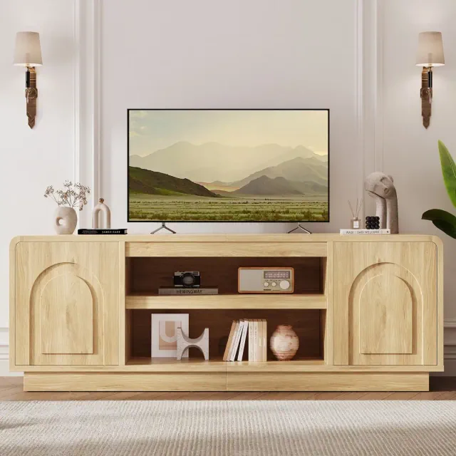 Bestier 63" TV Stand for 55/60/65 inch TV, 70" TV Console Table with 2 Doors Cabinets & Open Storage, Fluted Low Medium Console Table, Log