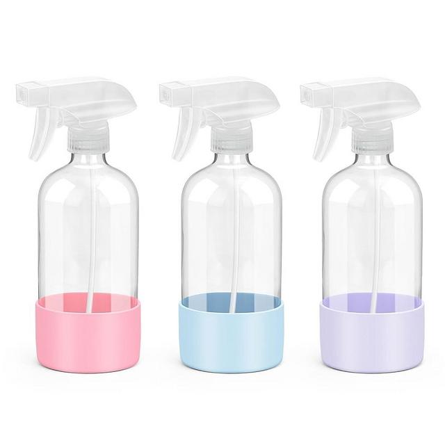 Rionisor Glass Spray Bottles with Silicone Sleeve Protection, Empty 16 oz Refiilable Containers, Reusable Spray Bottles with Adjustable Nozzle for Hair, Cleaning Solutions, 3 Pack Pink&Blue&Purple