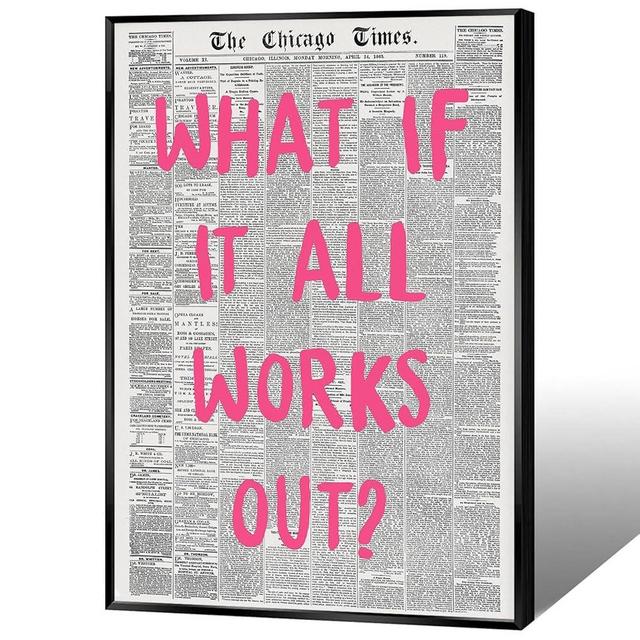 Liyark Retro Trendy Newspaper Canvas Wall Art 'What If All Works Out' Poster - Positive Affirmation Quote - Pink Font - Minimalist Home Decor - Framed 12x16in