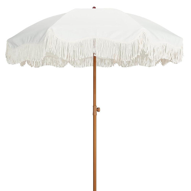 AMMSUN Boho Outdoor Umbrella with Tassels, 6.5ft Fringe Beach Umbrella, UPF50+ Picnic Umbrella Outdoor Patio with Steel Pole and Push Button Tilt, Antique White