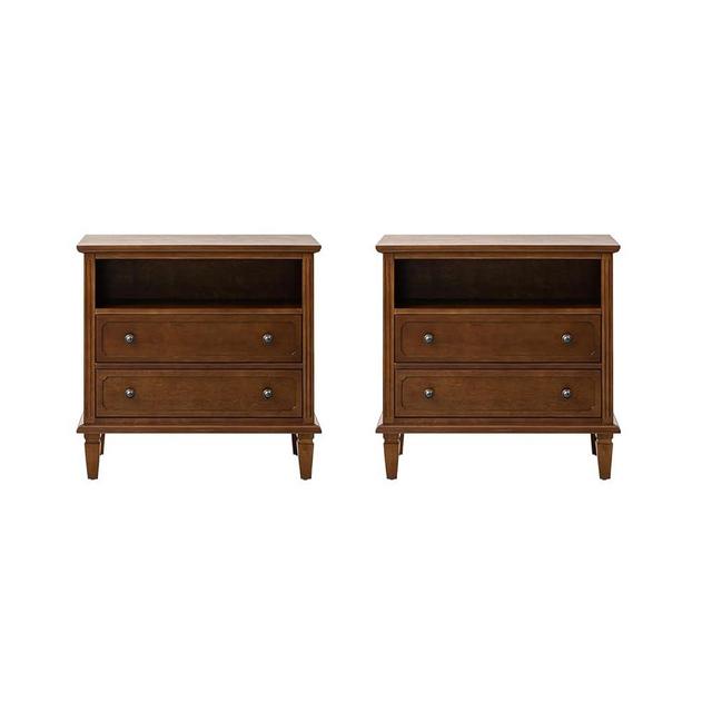 HULALA HOME Dresser for Bedroom with Charging Station Set of 2, Farmhouse Nightstand with Open Space and 2 Drawers Fluted Pilasters Design Chest of Drawers Bedside Table for Living Room Bedroom,WALNUT