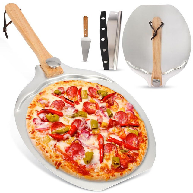 12"x14" Aluminum Pizza Peel Set- Pro Pizza Paddle & Pizza Spatula with Foldable Wooden Handle & Rocker Cutter Compatible with Ninja/ooni, Complete Pizza Oven Accessories for Baking Bread/Dough/Pastry