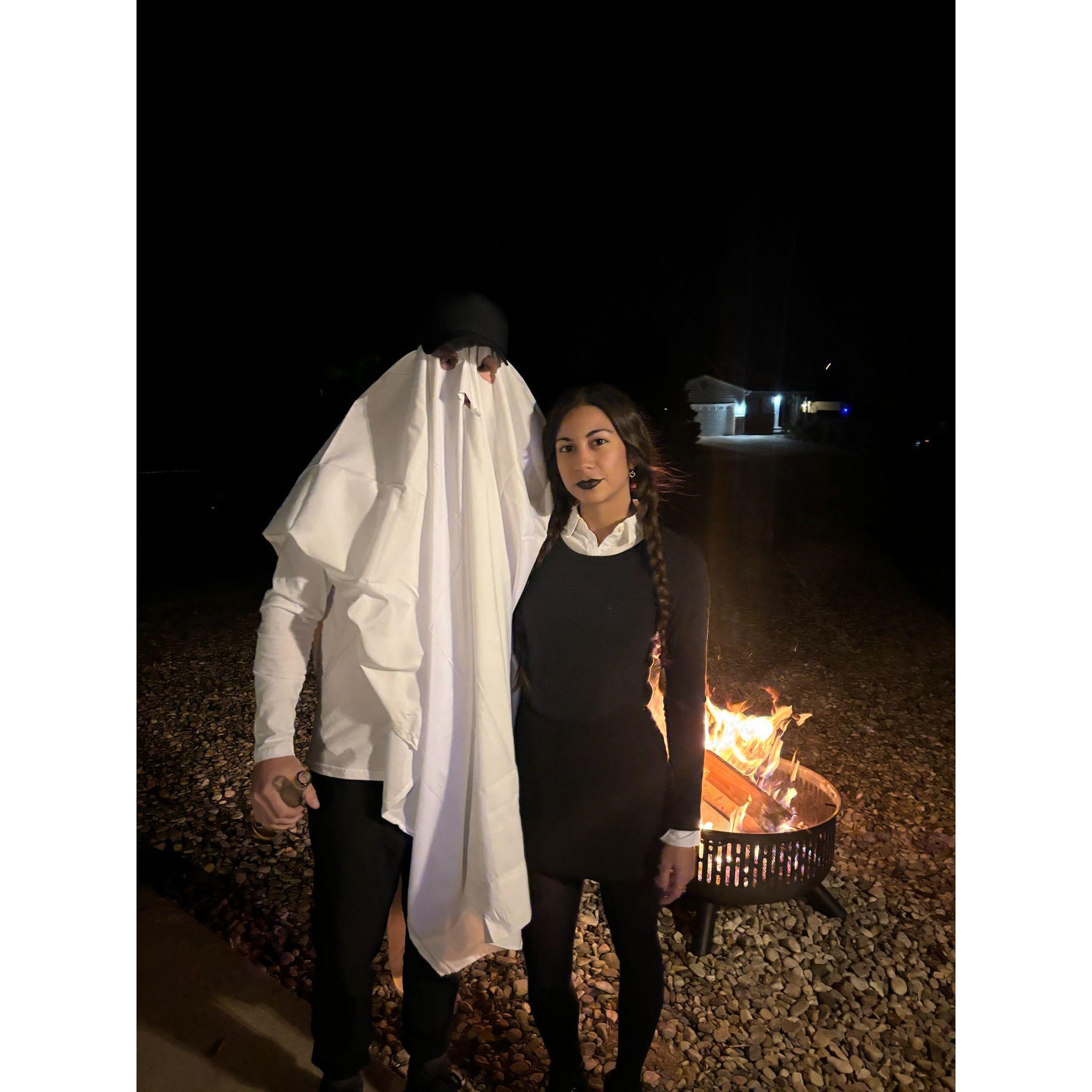 Casper and Miercoles aka Wednesday at a halloween party.