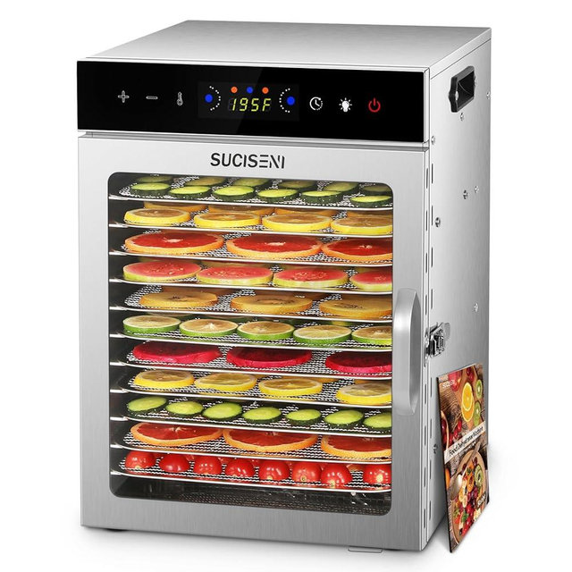 Food Dehydrator Machine 12 Stainless Steel Trays 1000W Meat Dehydrator for Home Use, 24H Timer & 195℉ Temperature Control Food Dryer for Jerky Fruit Herbs Mushroom Dog Treats