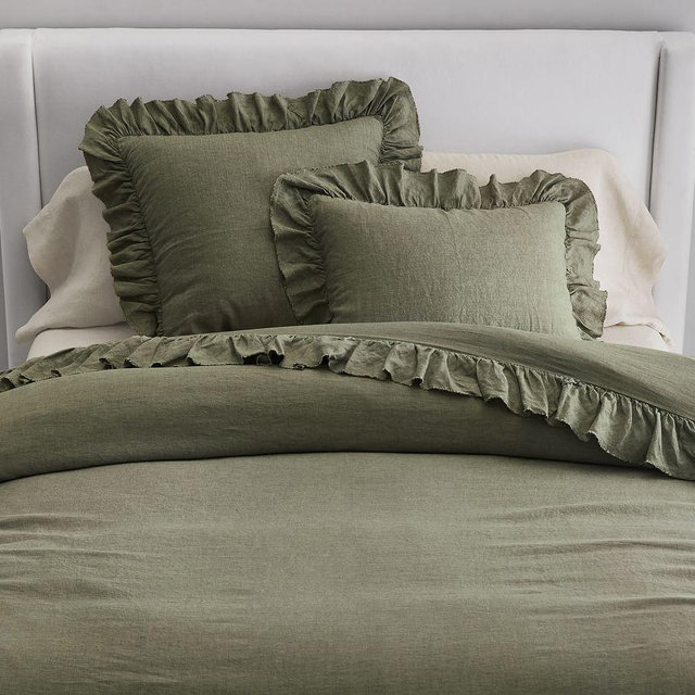 Belgian Flax Linen Fringe Ruffle Duvet, Loden, Full/Queen