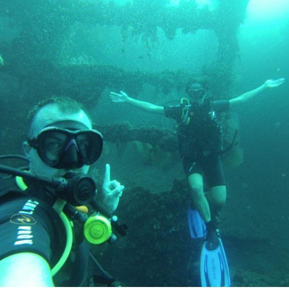 Scuba diving a shipwreck off of Bali, Indonesia