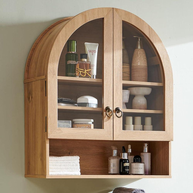 IFGET Bathroom Arched Wall Cabinet, 23.6'' Wide Medicine Cabinet with Adjustable Shelves & Glass Doors, Over The Toilet Storage Wall Mount Cabinet for Laundry Room, Kitchen & Living Room, Natural Oak