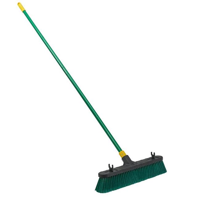 Quickie Bulldozer Multi-Surface Push Broom 18 inch, Green, Steel Handle with Swivel Hang-up Feature, Indoor and Outdoor Cleaning, Sweep Sidewalks/Warehouses, Dirt, Debris