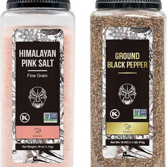 Soeos Himalayan Pink Salt Fine 39 oz + Ground Black Peppercorns 18 oz,Salt and Pepper for Grinder Refill