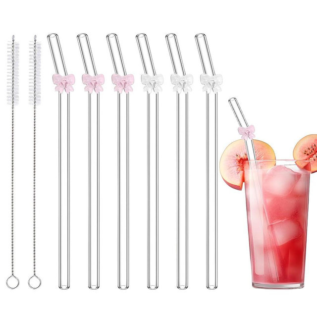 6 Pcs Glass Straws with 2 Cleaning Brushes, Cute Pink Bow Glass Straws Shatter Resistant, Reusable Straw for Coffee Lover, Milkshake, Smoothies, Juice, Aesthetic Gift