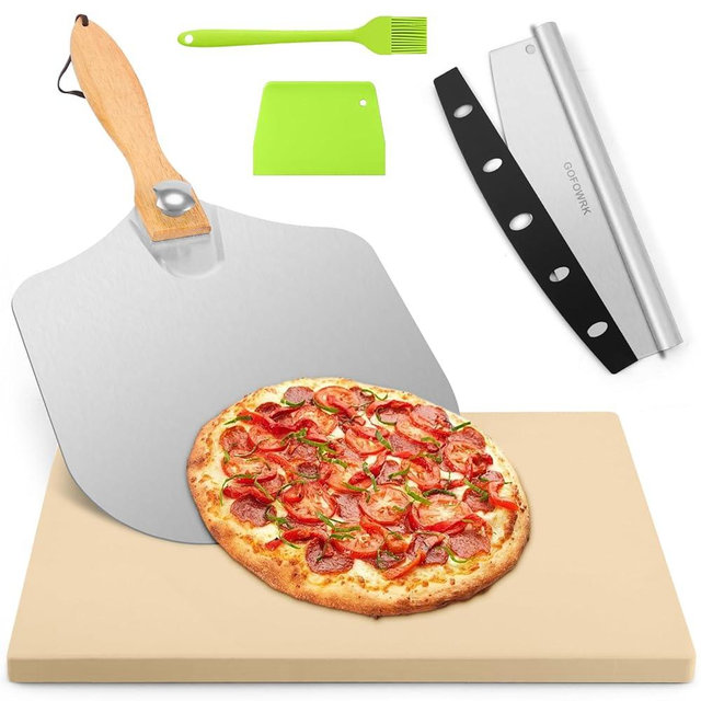 Pizza Stone 5 PCS Set, 15 x 12" Large Rectangle Pizza Stone Set for Oven with Metal Pizza Peels & Cutter Rocker, 0.6'' Thickened Stone Pizza Pan, Grill Baking Stone for Outdoor Grill for Pizza, Bread