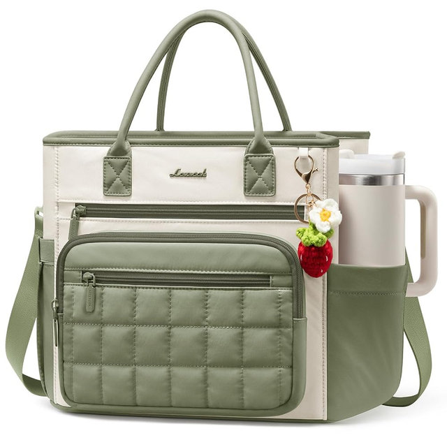LOVEVOOK Insulated Lunch Bag Women,Puffer Adult Lunch Box for Women with Handmade Strawberry Charm,Wide Opening Leakproof Cooler Bag with Cup Holder for Work Picnic Beach Family College Mom Teacher