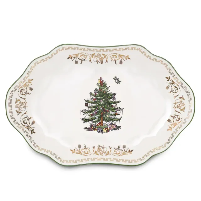 Spode Christmas Tree Gold Medium Oval Platter, 13-Inch Fine Porcelain - Decorative Christmas Tree Pattern with Gold Rim - Dishwasher, Freezer Safe