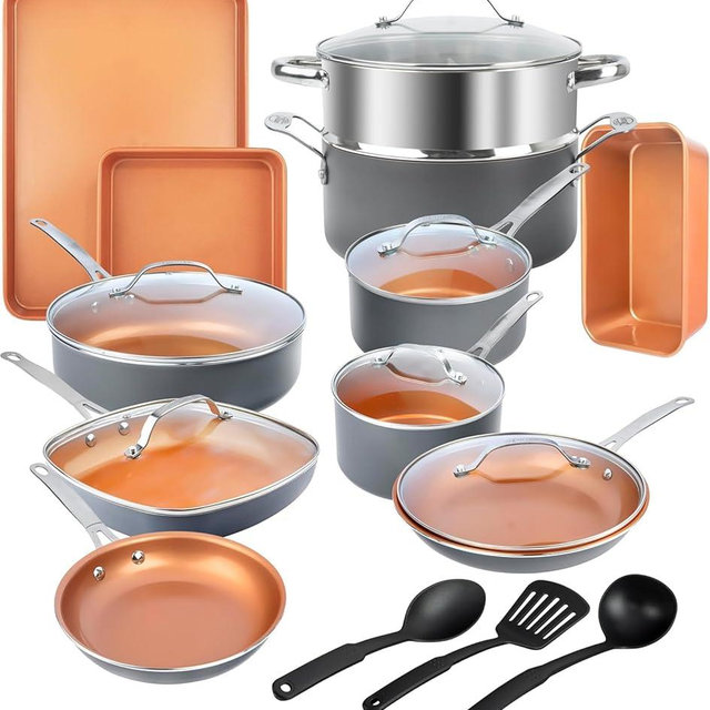 GOTHAM STEEL 20 Pc Ceramic Cookware Set, Copper Pots and Pans Set Non Stick with Bakeware, Cooking Utensils, and Steamer, Oven and Dishwasher Safe
