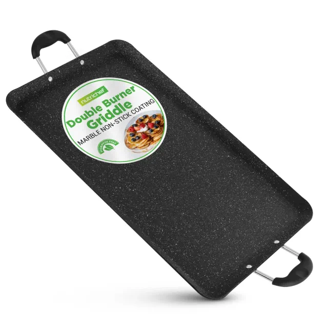 NutriChef 20" Nonstick Black Marble Double Burner Griddle - Bakelite Handle NCMKGP5130