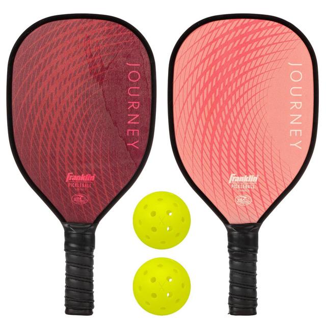 Franklin Sports 2 Player Wood Journey Paddle & Ball Set in Mesh bag - Pink/Burgundy