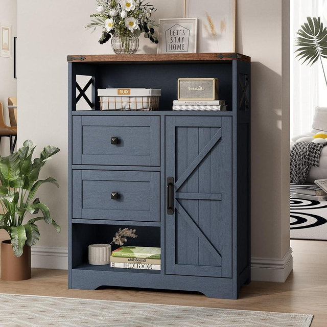 Fameill Farmhouse Storage Cabinet with 2 Drawers & Shelves, Freestanding Kitchen Cabinet with Doors, Floor Storage Organization for Living Room, Bathroom, Laundry, Blue, 27.5" L x 11.8" W x 37.5" H