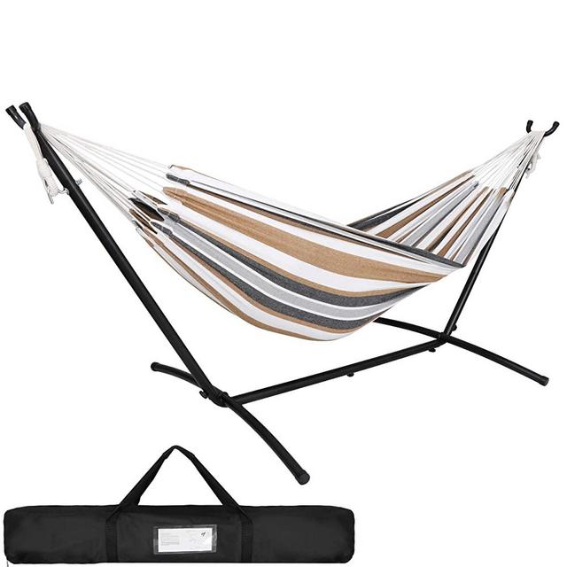 SUPER DEAL Portable 2-Person Brazilian Hammock with 9FT Metal Stand - Weather Resistant Double Hammock and Stand - Carrying Case Included, 450LBS Capacity, 6 Optional Hook Positions