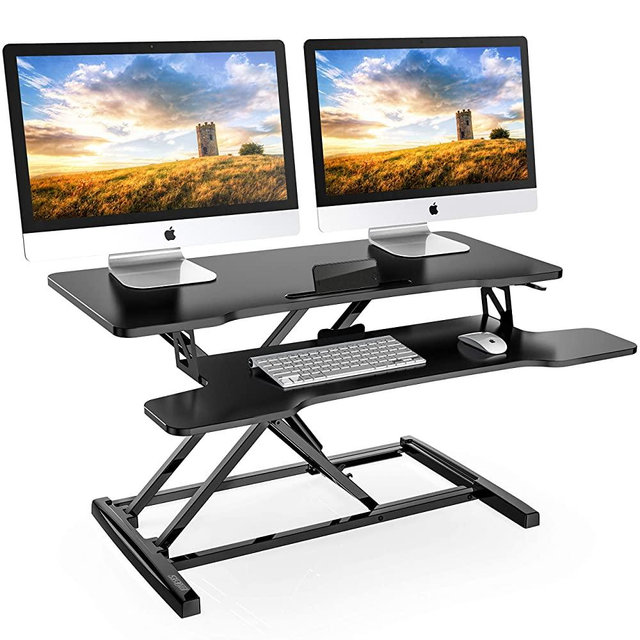 FITUEYES Height Adjustable Standing Desk 32” Wide Sit to Stand Converter Stand Up Desk Tabletop Workstation for Dual Monitor Riser SD308001WB