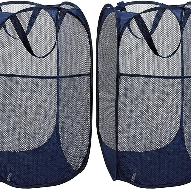 Mesh Popup Laundry Hamper - Portable, Durable Handles, Collapsible for Storage and Easy to Open. Folding Pop-Up Clothes Hampers are Great for The Kids Room, College Dorm or Travel. (Blue | Set of 2)