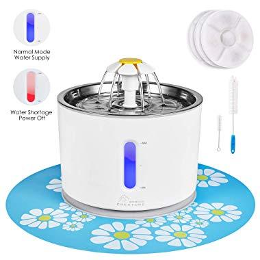 Cat Water Fountain Stainless Steel, 81oz/2.4L Intelligent Auto Power Off Pump, Pet Fountain, Cat Water Dispenser with 3 Carbon Filters, 1 Mat and 2 Cleaning Brushes, Water Level Window with LED Light