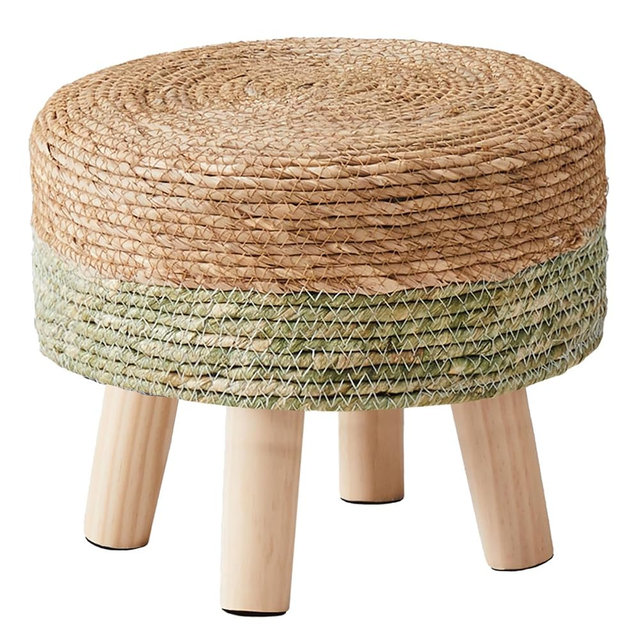 Cpintltr Ottoman Natural Seagrass Footrest Poufs Hand Weave Round Foot Stool for Couch Desk Soft Step Stool Padded Foot Rest with Pine Legs for Living Room Bedroom Natural/Green