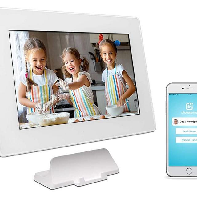 PhotoSpring (64GB) 10-inch WiFi Cloud Digital Picture Frame - Battery, Touch-Screen, Plays Video and Photo Slideshows, HD IPS Display, iPhone & Android app (White - 65,000 Photos)