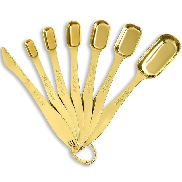 Rainspire Heavy Duty Measuring Spoons Set Stainless Steel, Metal Measuring Cups and Spoons Set for Dry or Liquid, Fits in Spice Jar, Home Gadgets Kitchen Gadgets, Set of 7 Including Leveler, Gold