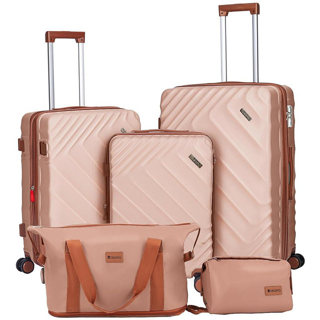 Rosamo 5 piece Luggage Set Expandable Suitcase 22x14x9 Airline Approved Carry on, ABS Hard Case Suitcases with Spinner Wheels, TSA Lock (Pink)