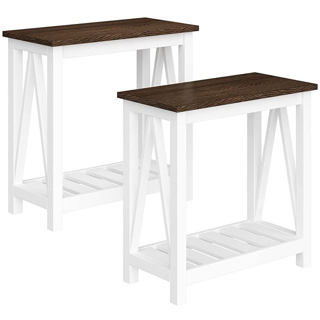 ChooChoo Farmhouse End Table, Rustic Vintage Narrow End Side Table with Storage Shelf for Small Spaces, Nightstand Sofa Table for Living Room, Bedroom White 2 Pack